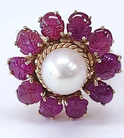 Bague or rose perle et rubis