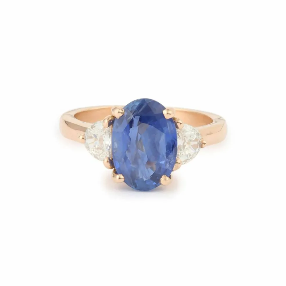Bague Or Rose, Saphir Oval Non Chauffé 3.54 Carats, Diamants (Certificat)
