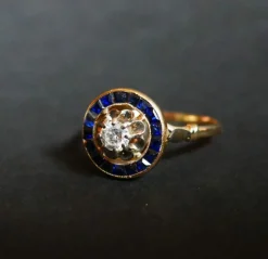 Bague ornée d'un Diamant, entourage de Saphirs calibrés