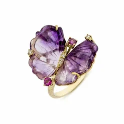 Bague Papillon en or jaune, améthystes et diamants