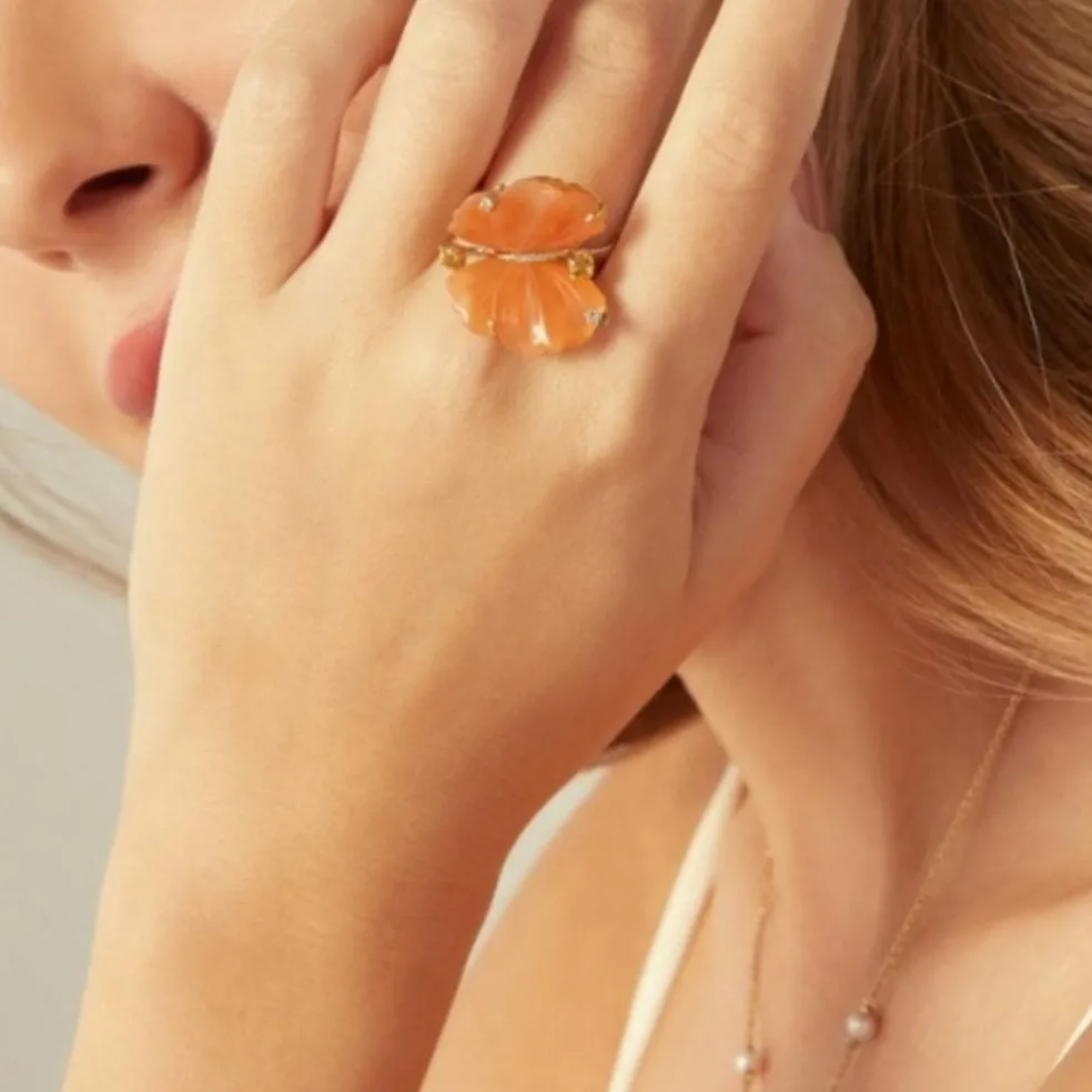 Bague Papillon en or jaune, quartzites et diamants - EU54