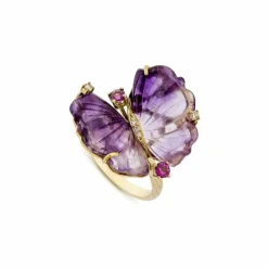 Bague Papillon en or jaune, améthystes et diamants