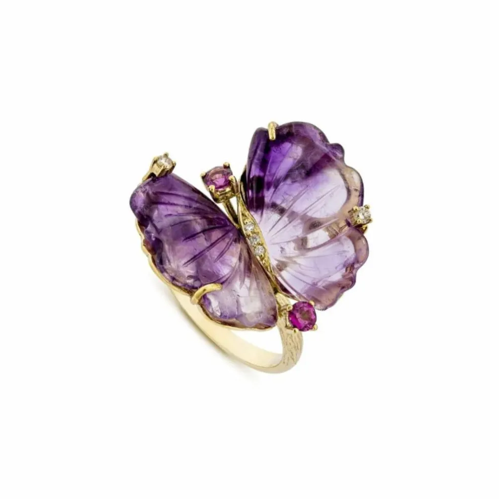 Bague Papillon en or jaune, améthystes et diamants