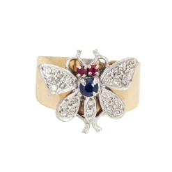 Bague Papillon Vintage Or Jaune Bande Diamant