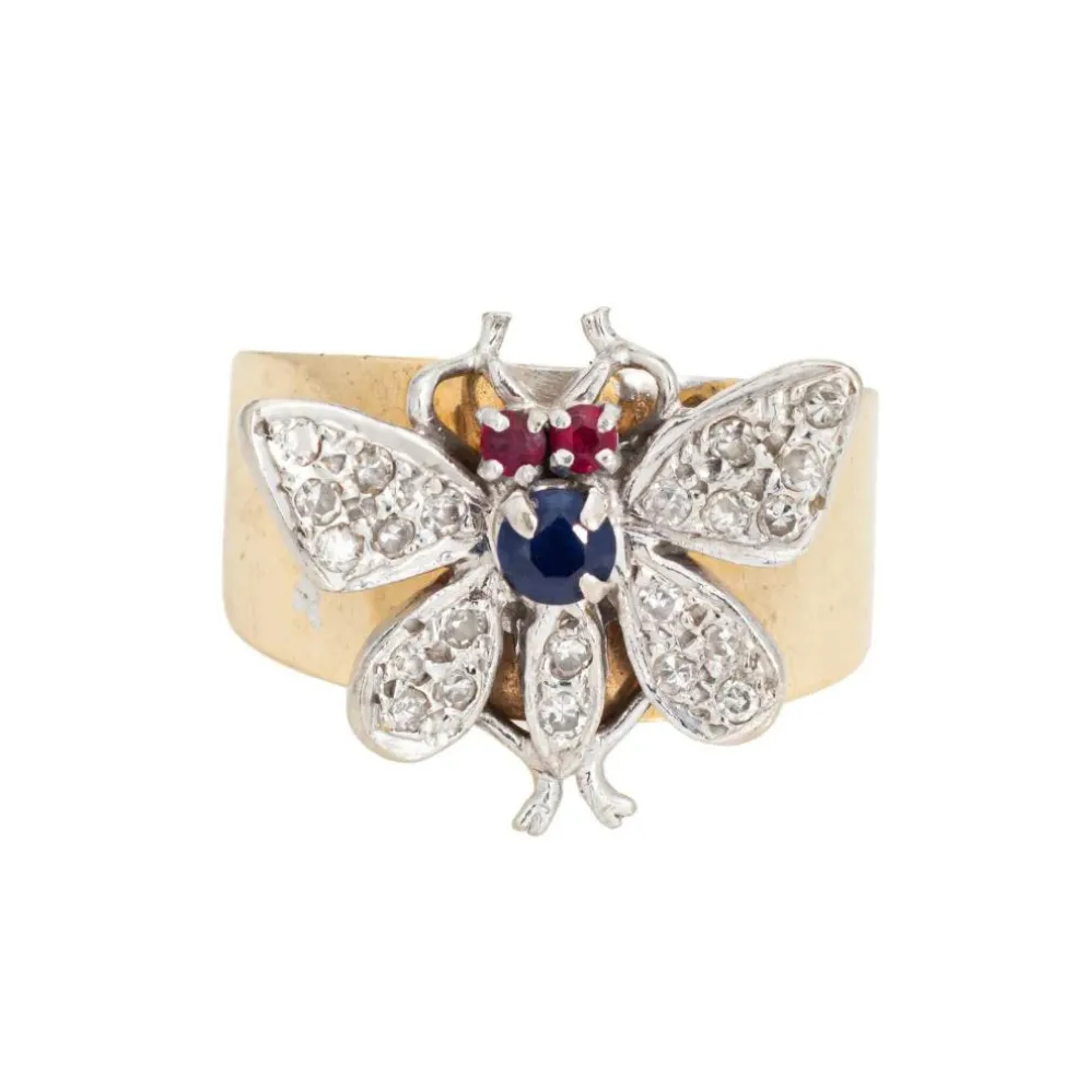 Bague Papillon Vintage Or Jaune Bande Diamant