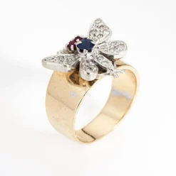Bague Papillon Vintage Or Jaune Bande Diamant