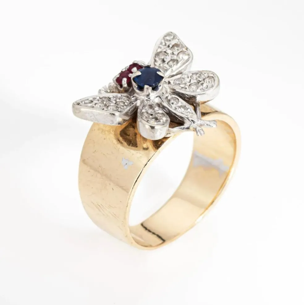Bague Papillon Vintage Or Jaune Bande Diamant
