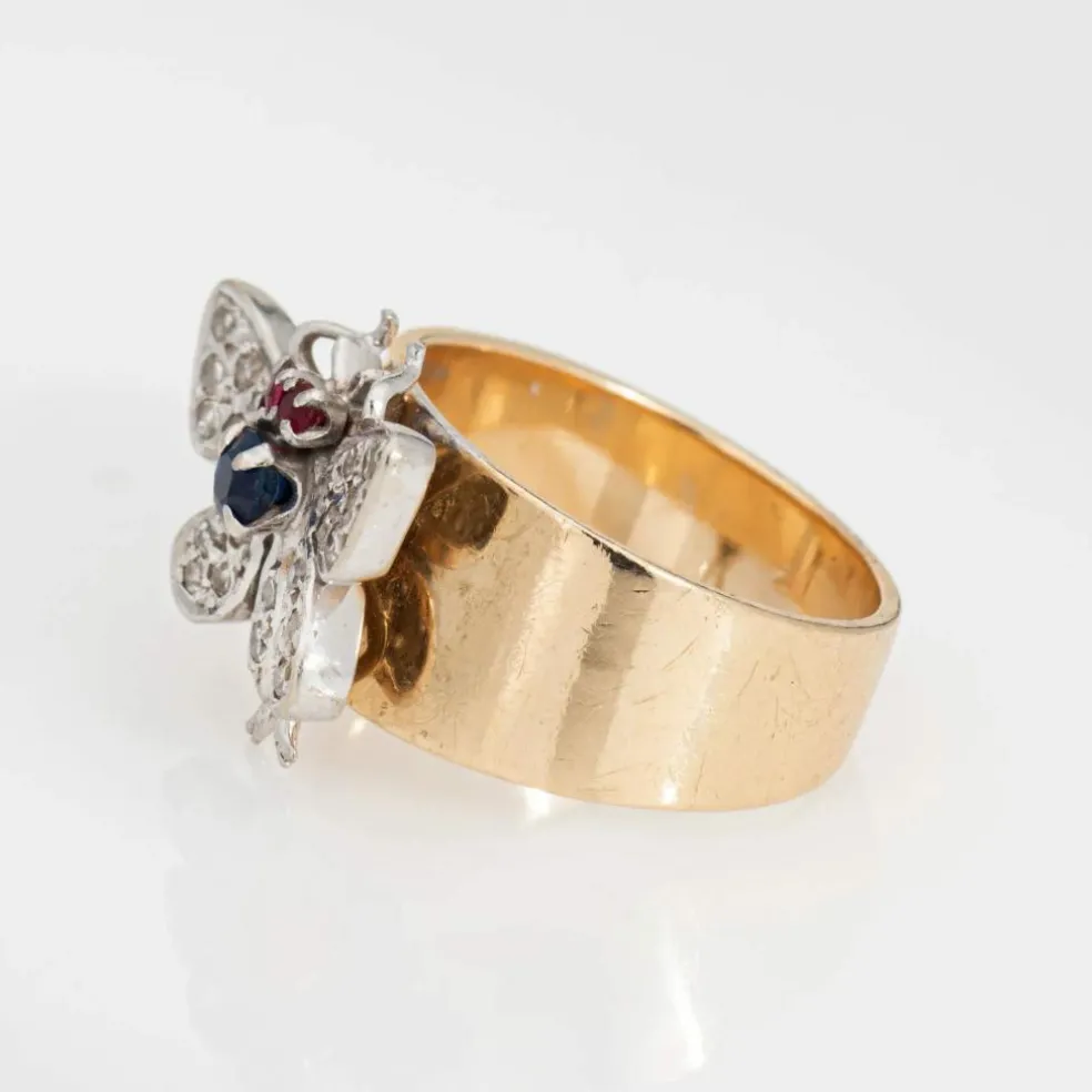 Bague Papillon Vintage Or Jaune Bande Diamant