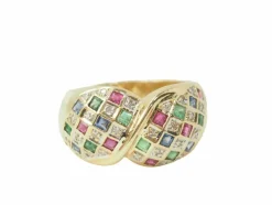 Bague pavée en or jaune, diamants et pierres précieuses