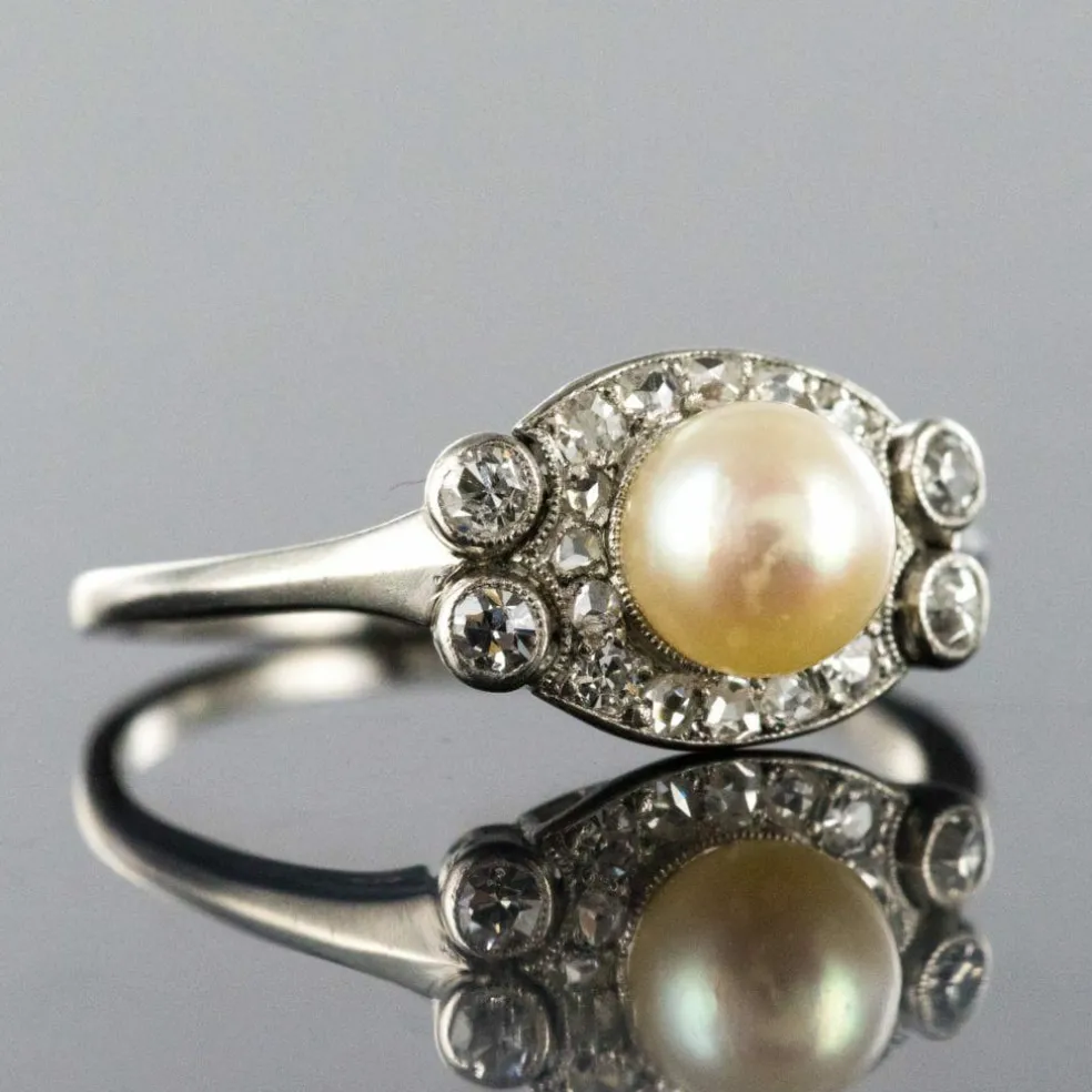 Bague perle de culture diamants art déco