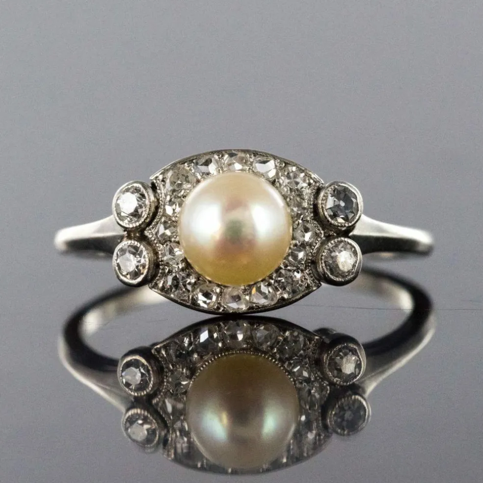 Bague perle de culture diamants art déco