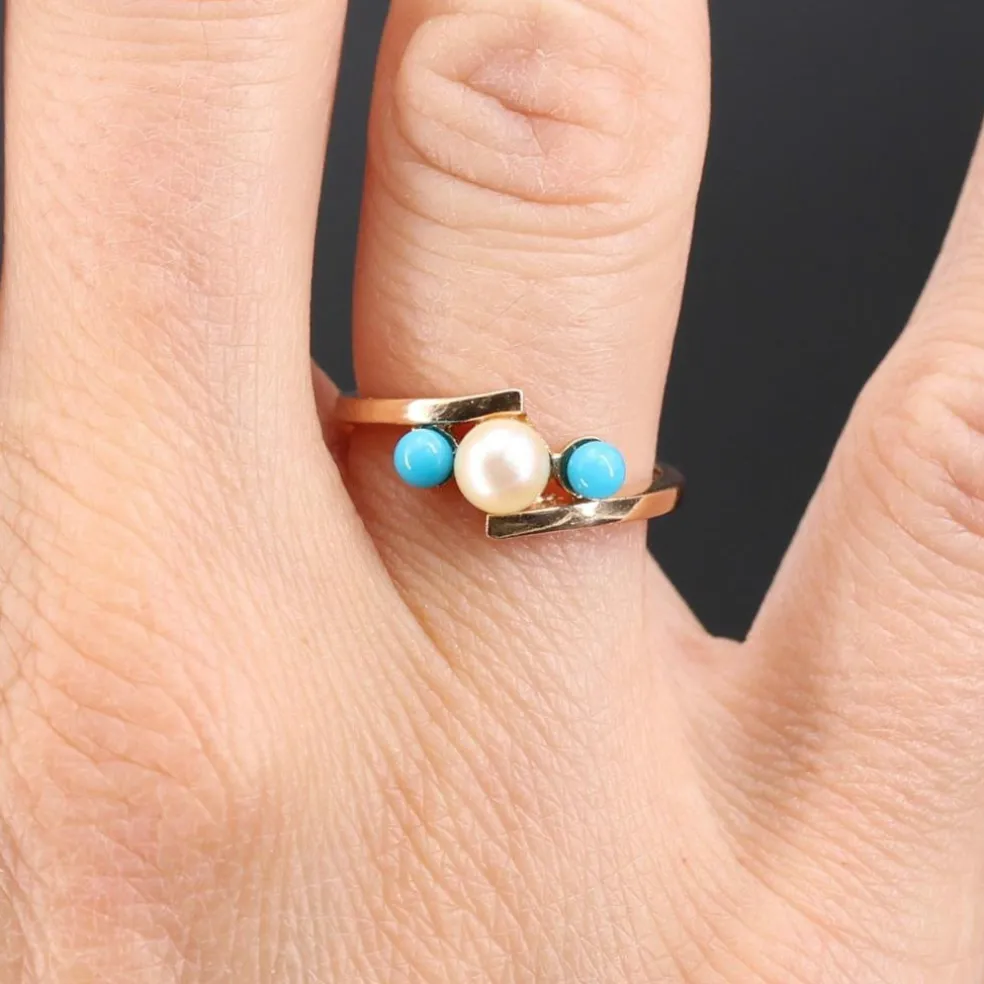 Bague perle de culture et perles de turquoise