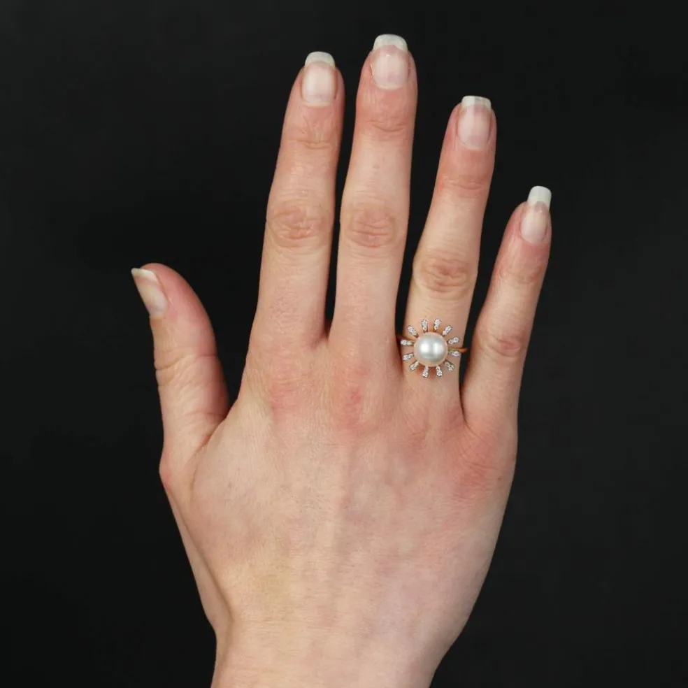 Bague perle de cutlure Akoya et diamants flocon
