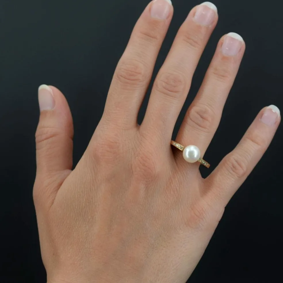 Bague perle diamants anneau plat