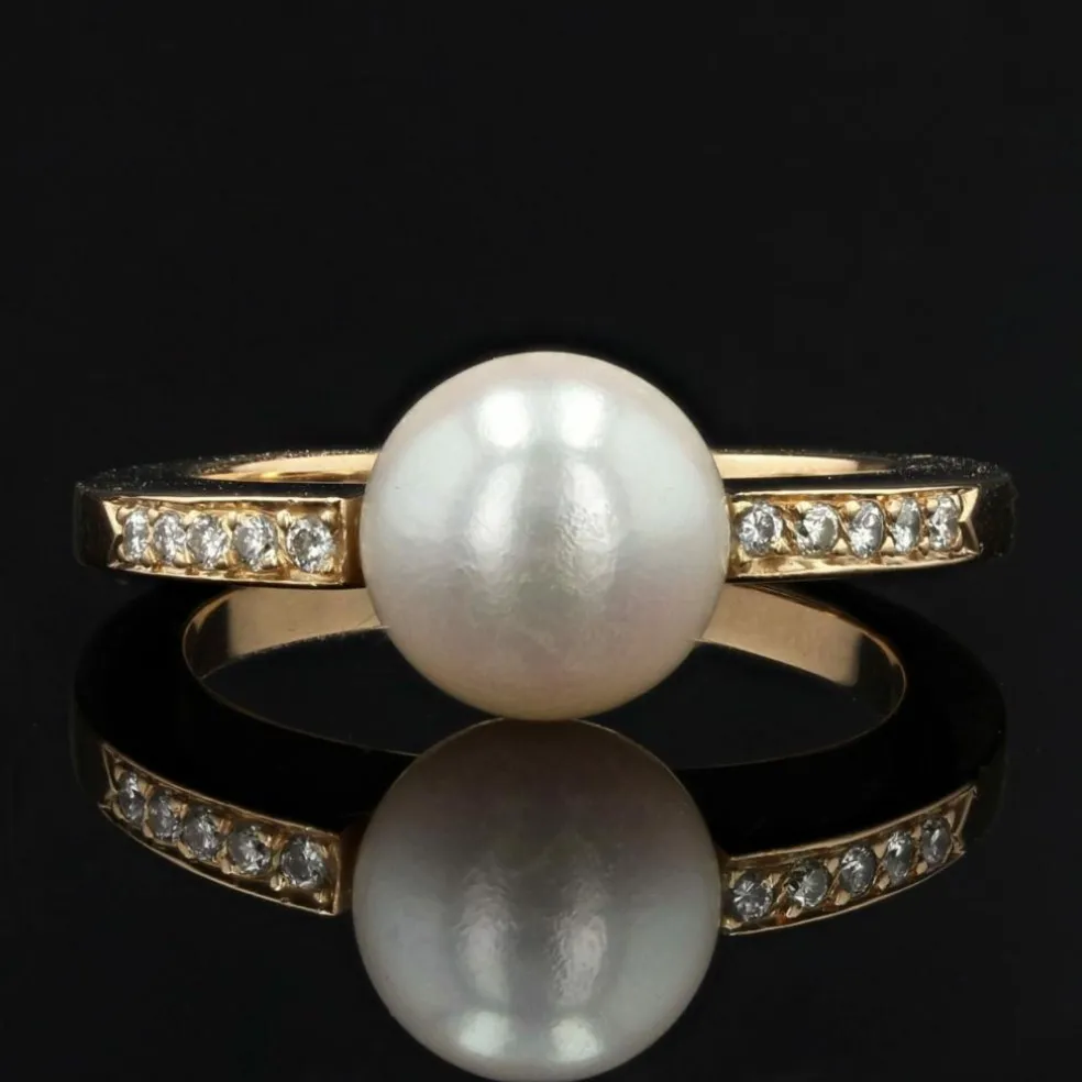 Bague perle diamants anneau plat