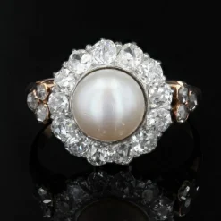 Bague perle fine diamants ancienne en marguerite