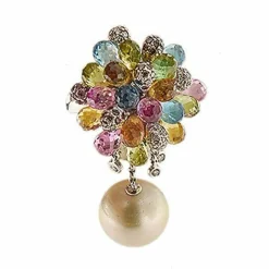 Bague perle, pierres de couleur et diamants