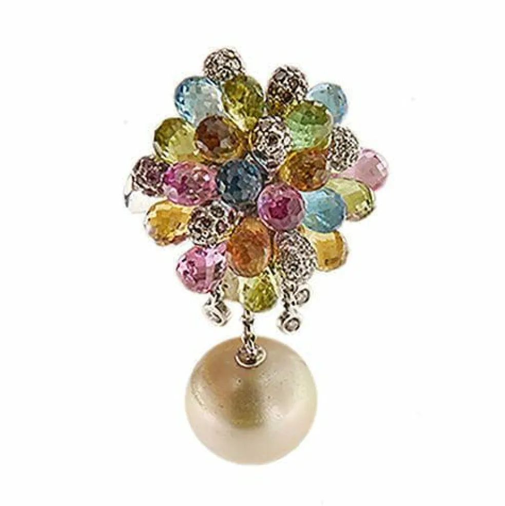 Bague perle, pierres de couleur et diamants