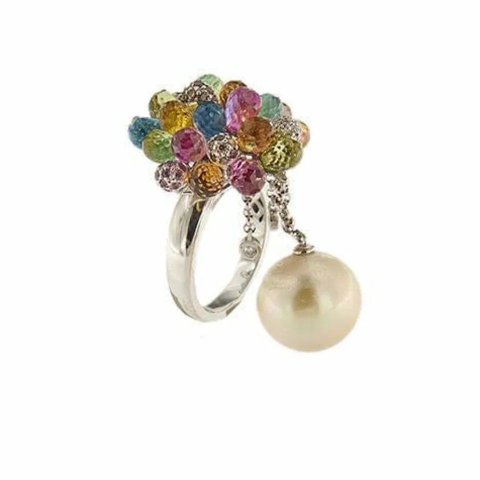 Bague perle, pierres de couleur et diamants