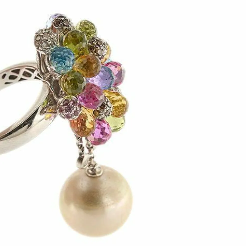 Bague perle, pierres de couleur et diamants