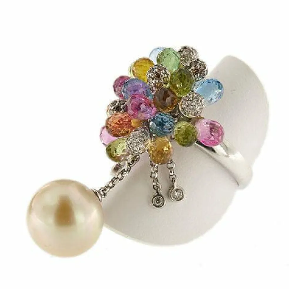 Bague perle, pierres de couleur et diamants