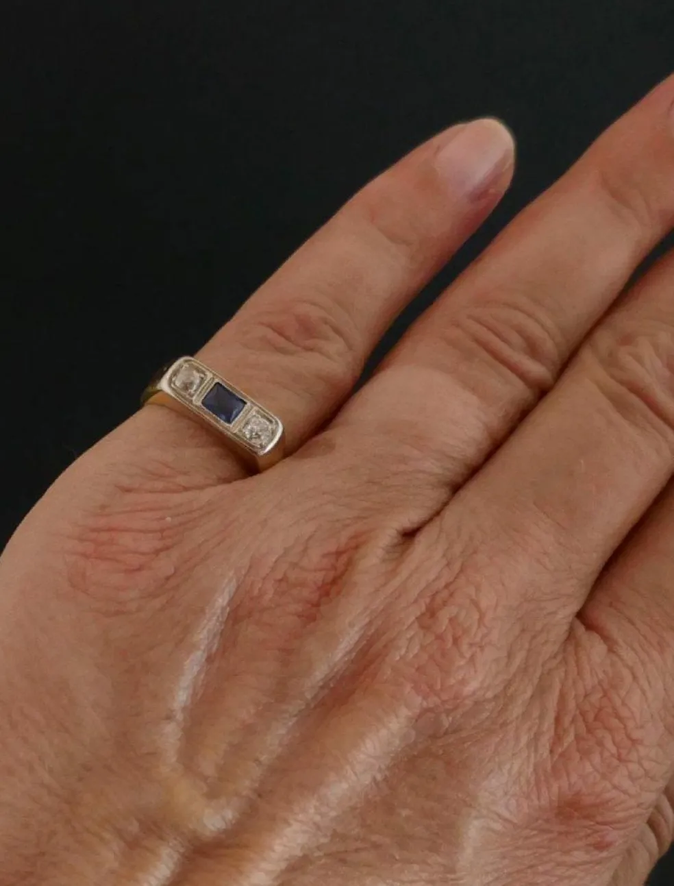 Bague pierre bleue et Diamants, Or 2 tons