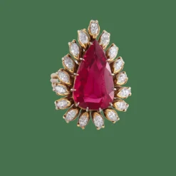 Bague Pierre rouge entourage 17 Diamants navettes