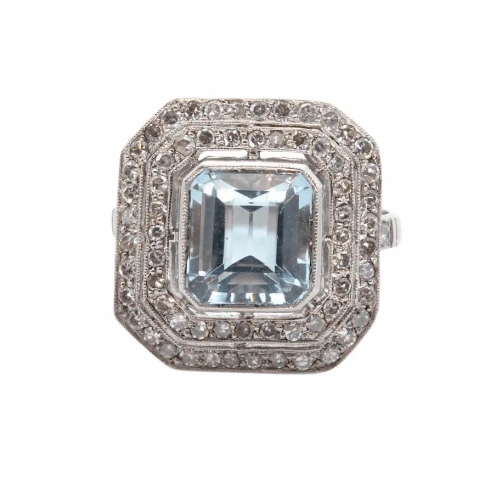 Bague Platine Aigue marine double entourage Diamants