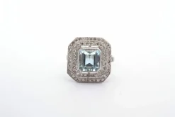 Bague Platine Aigue marine double entourage Diamants