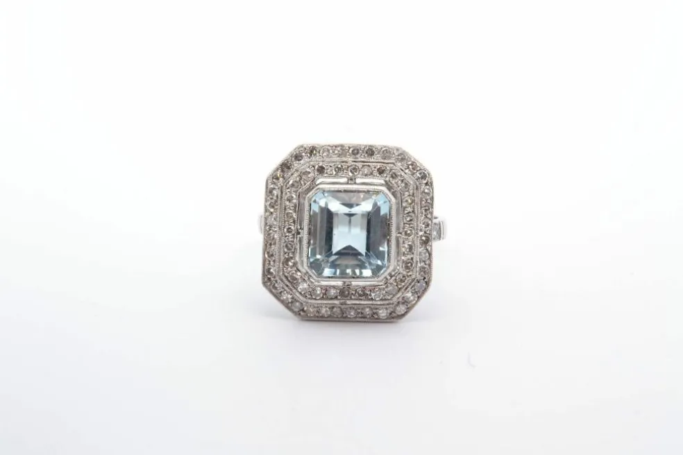 Bague Platine Aigue marine double entourage Diamants