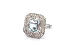 Bague Platine Aigue marine double entourage Diamants