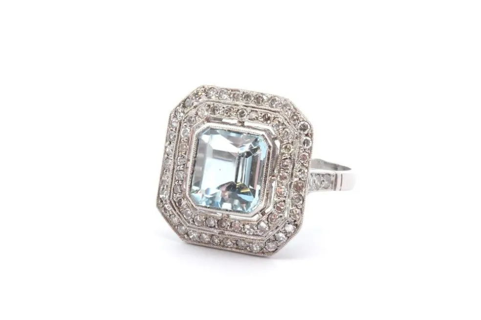 Bague Platine Aigue marine double entourage Diamants