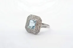 Bague Platine Aigue marine double entourage Diamants