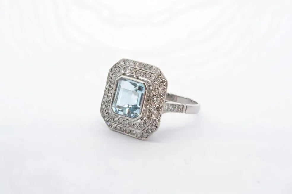 Bague Platine Aigue marine double entourage Diamants