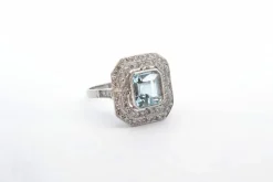 Bague Platine Aigue marine double entourage Diamants