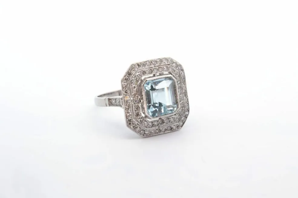 Bague Platine Aigue marine double entourage Diamants
