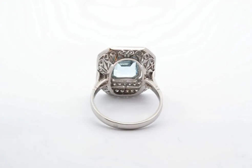 Bague Platine Aigue marine double entourage Diamants