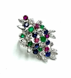 Bague Platine "couleurs de la vie" Diamant Emeraude Rubis Saphirs
