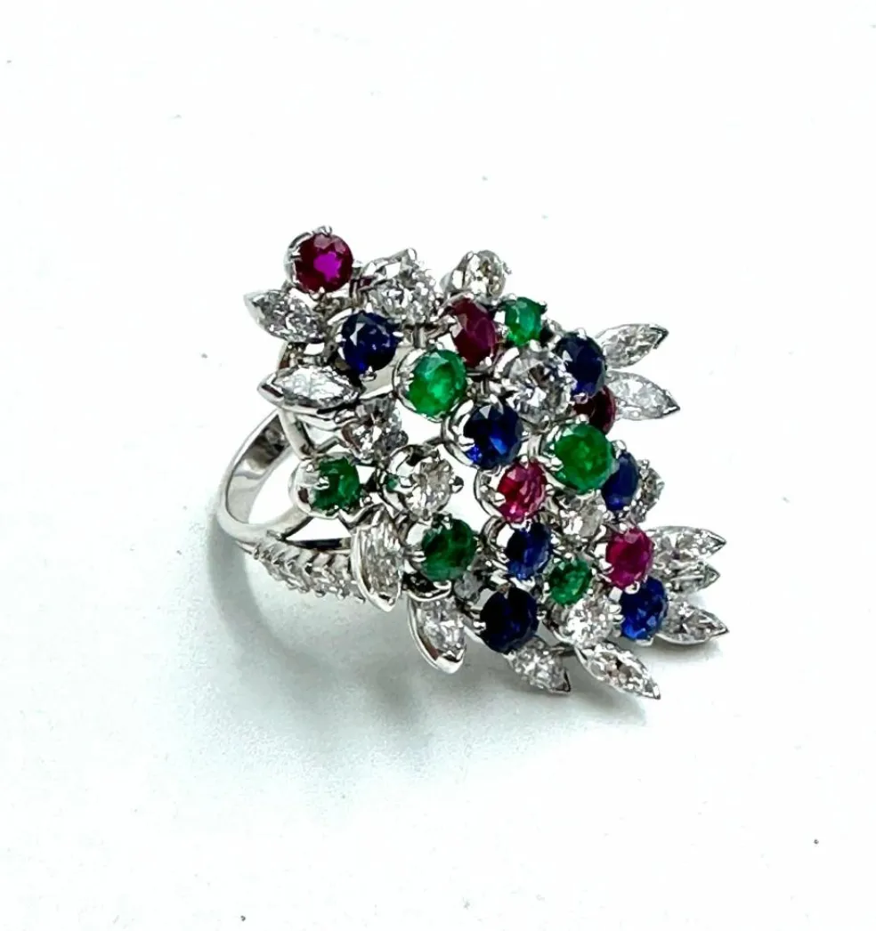 Bague Platine "couleurs de la vie" Diamant Emeraude Rubis Saphirs