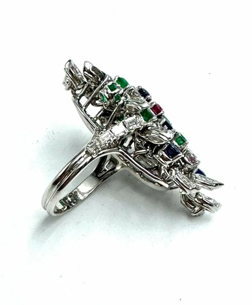 Bague Platine "couleurs de la vie" Diamant Emeraude Rubis Saphirs