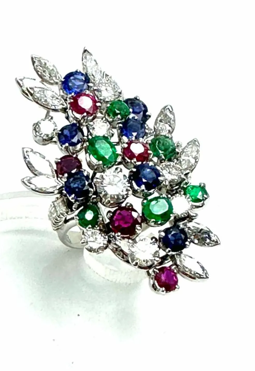 Bague Platine "couleurs de la vie" Diamant Emeraude Rubis Saphirs
