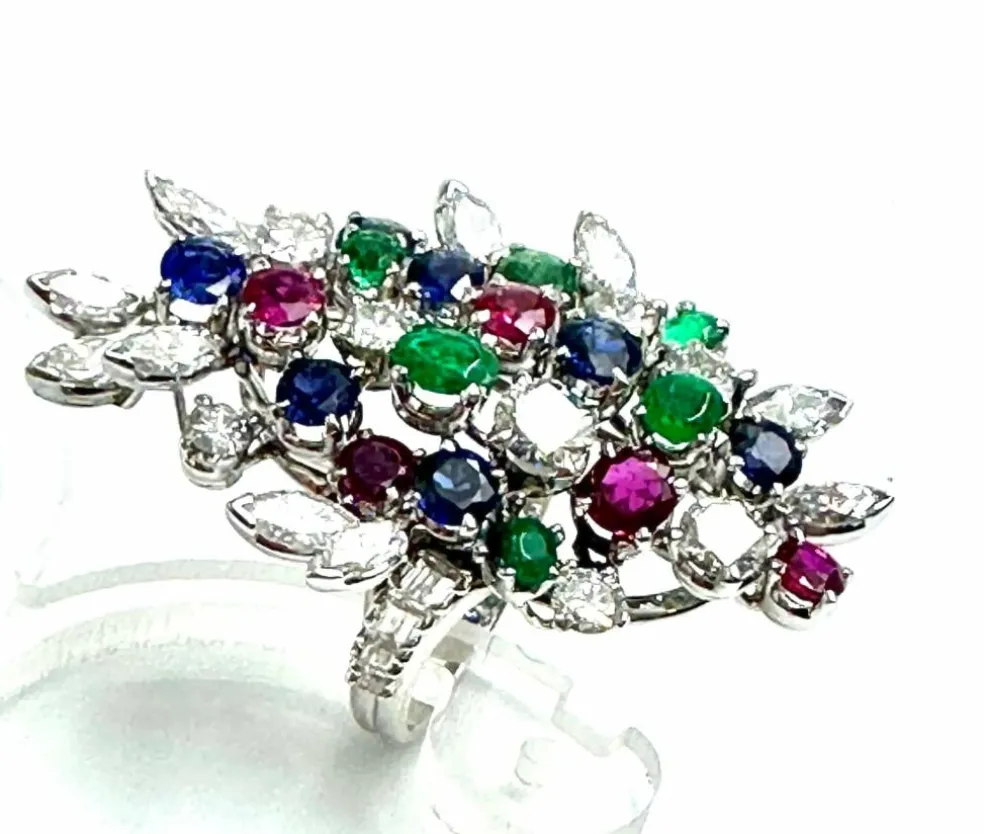 Bague Platine "couleurs de la vie" Diamant Emeraude Rubis Saphirs