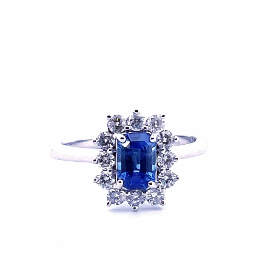 Bague platine saphir taille émeraude diamants