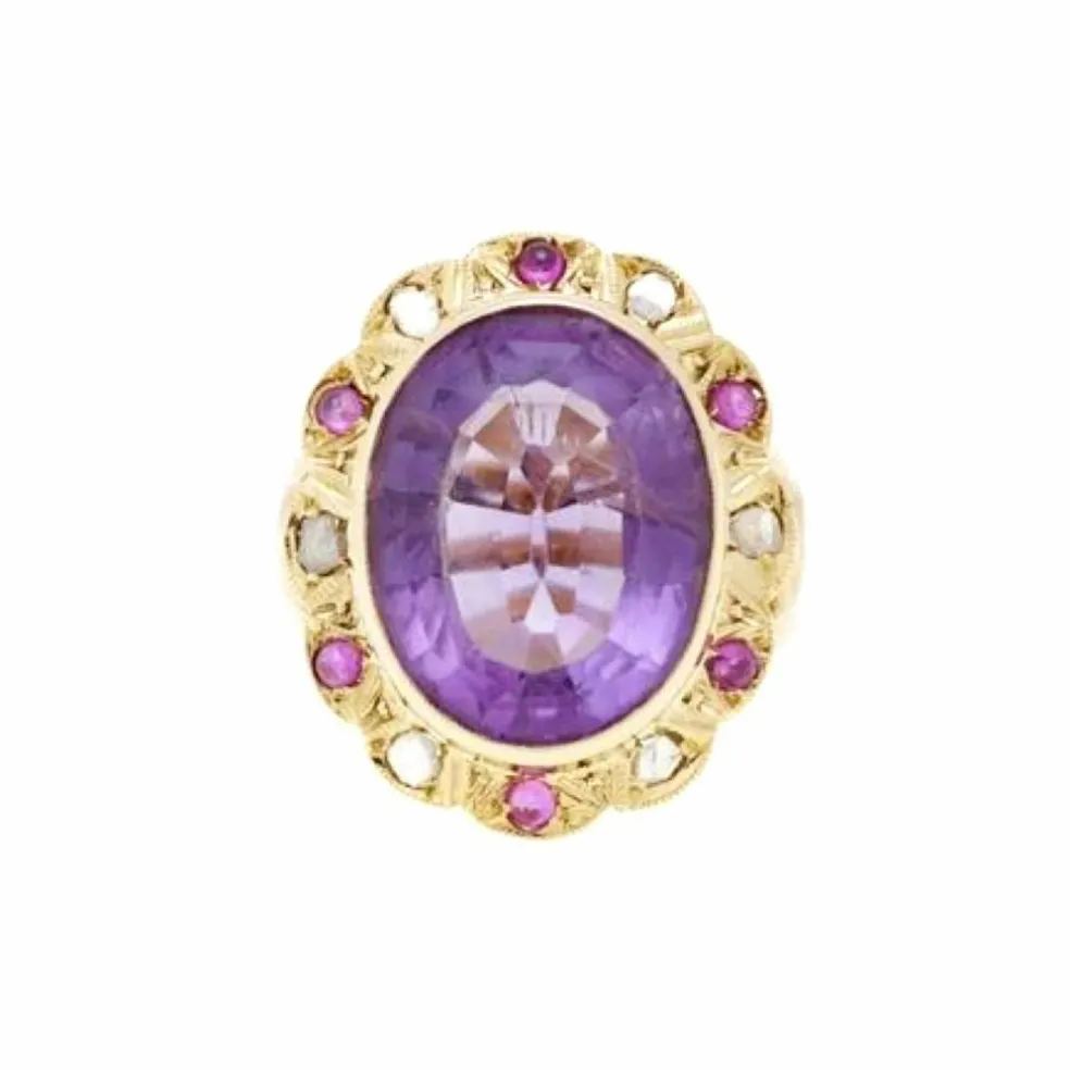 Bague Pompadour Améthyste Saphirs Roses Diamants Or Rose 14 Carats