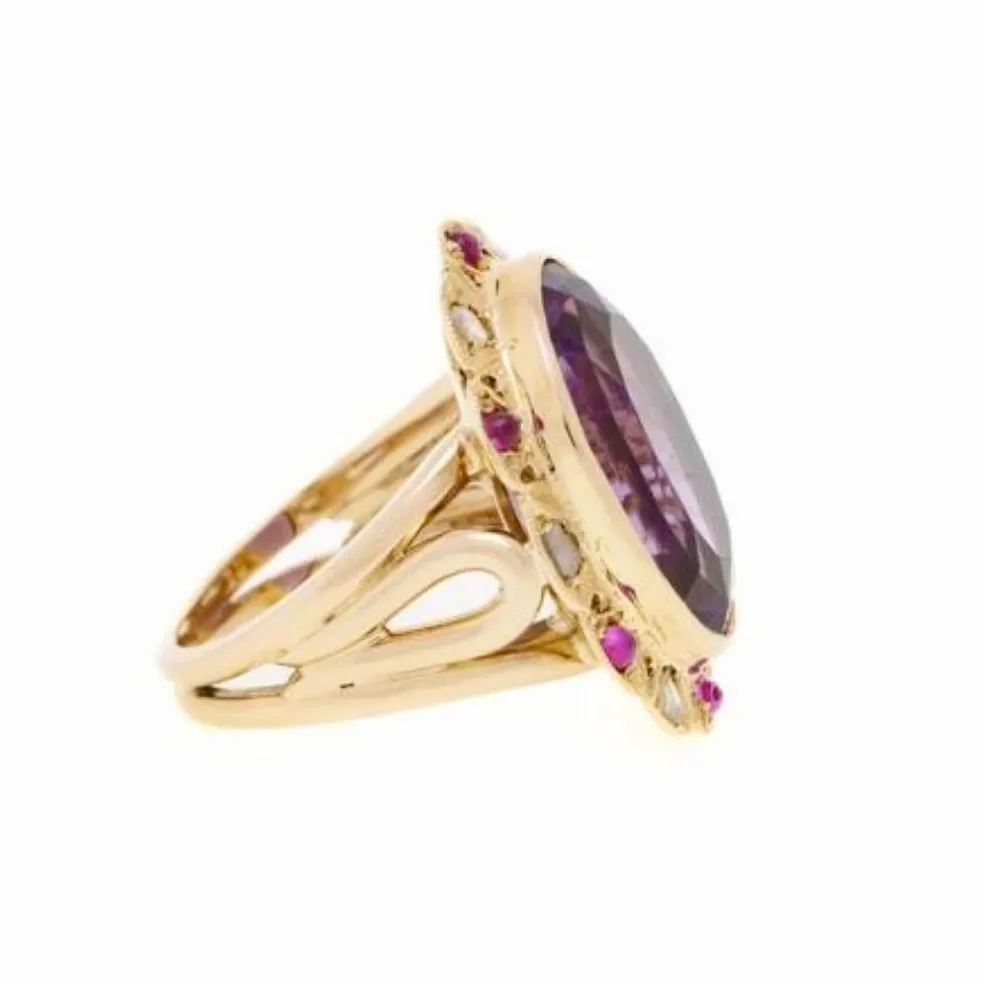 Bague Pompadour Améthyste Saphirs Roses Diamants Or Rose 14 Carats