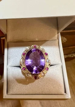 Bague Pompadour Améthyste Saphirs Roses Diamants Or Rose 14 Carats