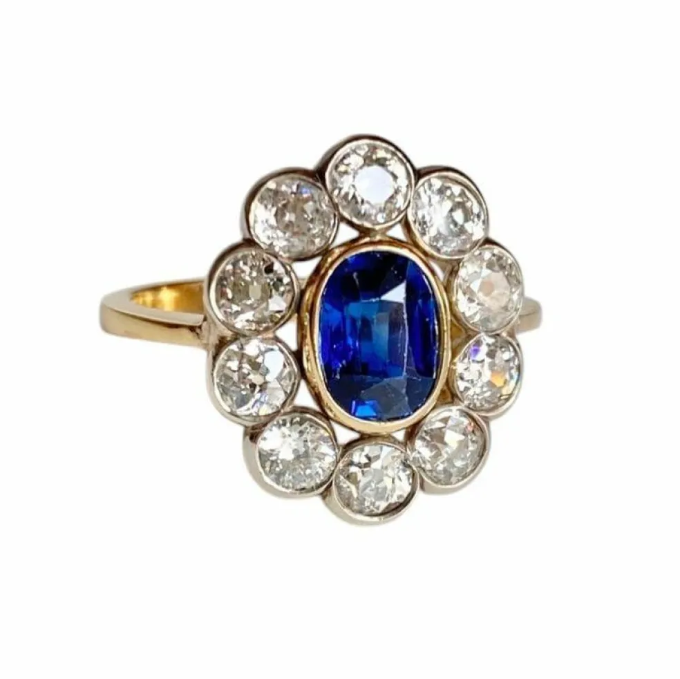 Bague Pompadour ancienne or jaune saphir diamants