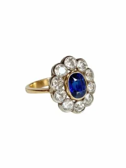 Bague Pompadour ancienne or jaune saphir diamants