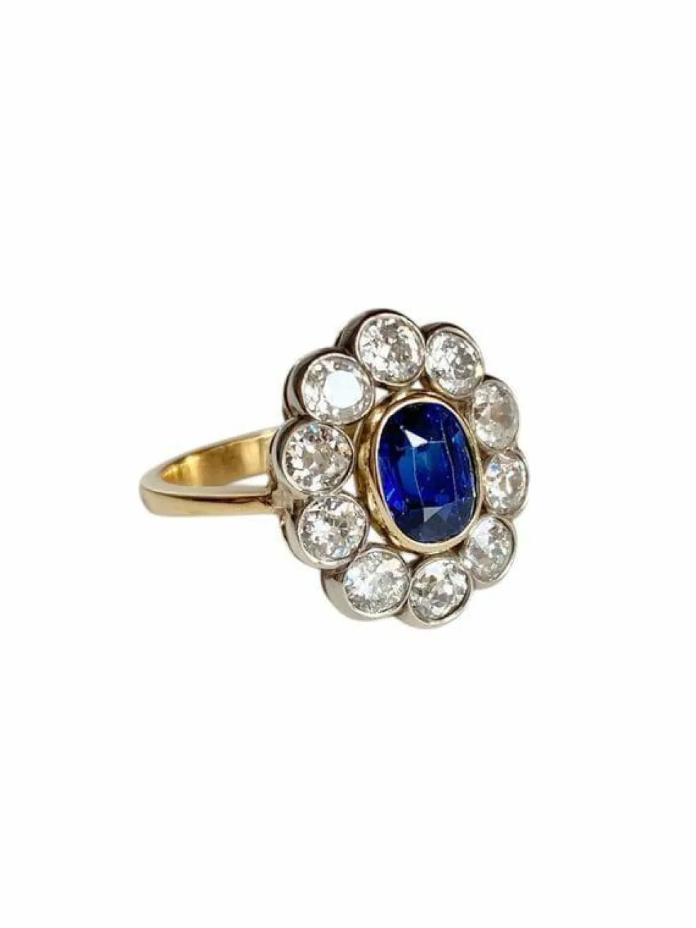 Bague Pompadour ancienne or jaune saphir diamants