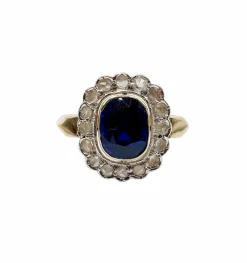 Bague pompadour Art Déco or et platine, saphir synthétique de 3,00 carats, diamants taille rose (circa 1920)